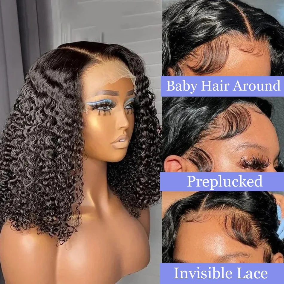 Brazilian Deep Wave Short Bob Curly Pre-plucked Transparent Frontal Wigs