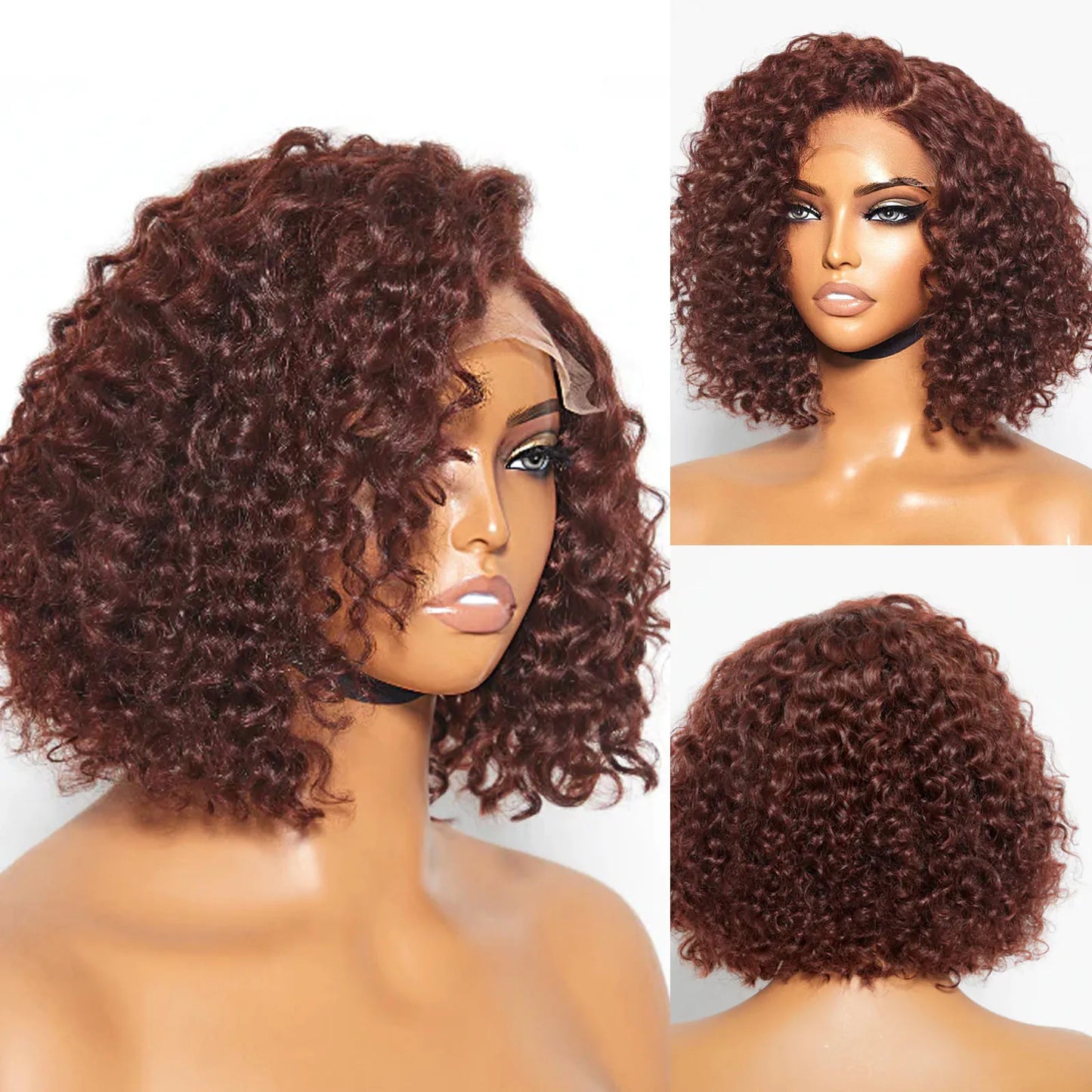 Reddish Brown Curly Bob Human Hair Pre~plucked Remy Wigs