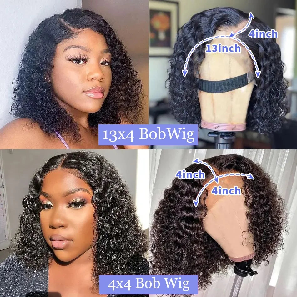 Brazilian Deep Wave Short Bob Curly Pre-plucked Transparent Frontal Wigs