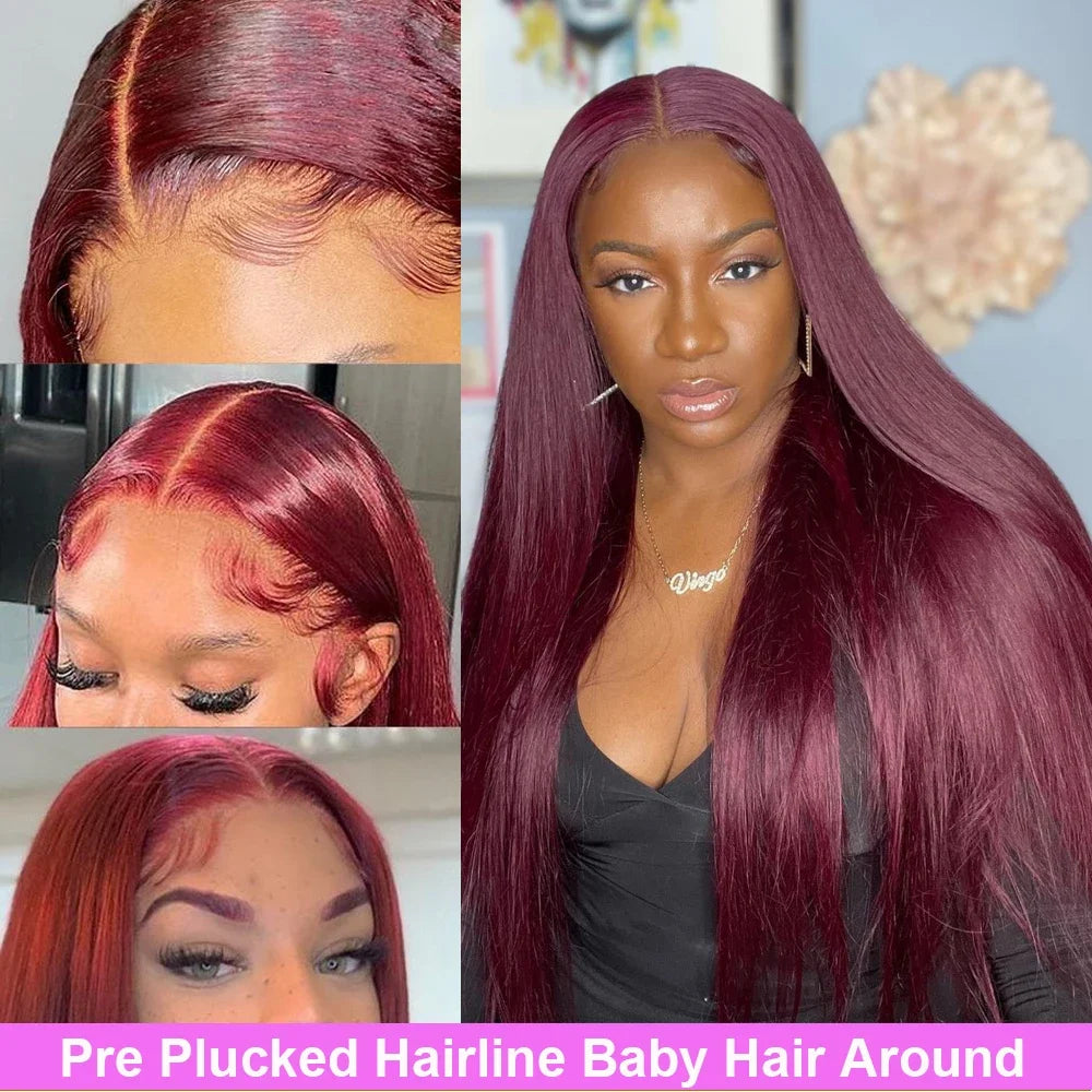 Burgundy Red Human Hair Lace Frontal Glueless Wigs