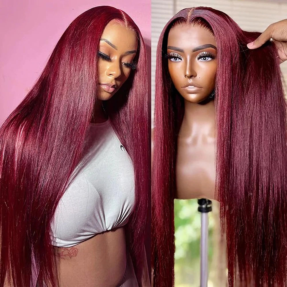 Burgundy Red Human Hair Lace Frontal Glueless Wigs