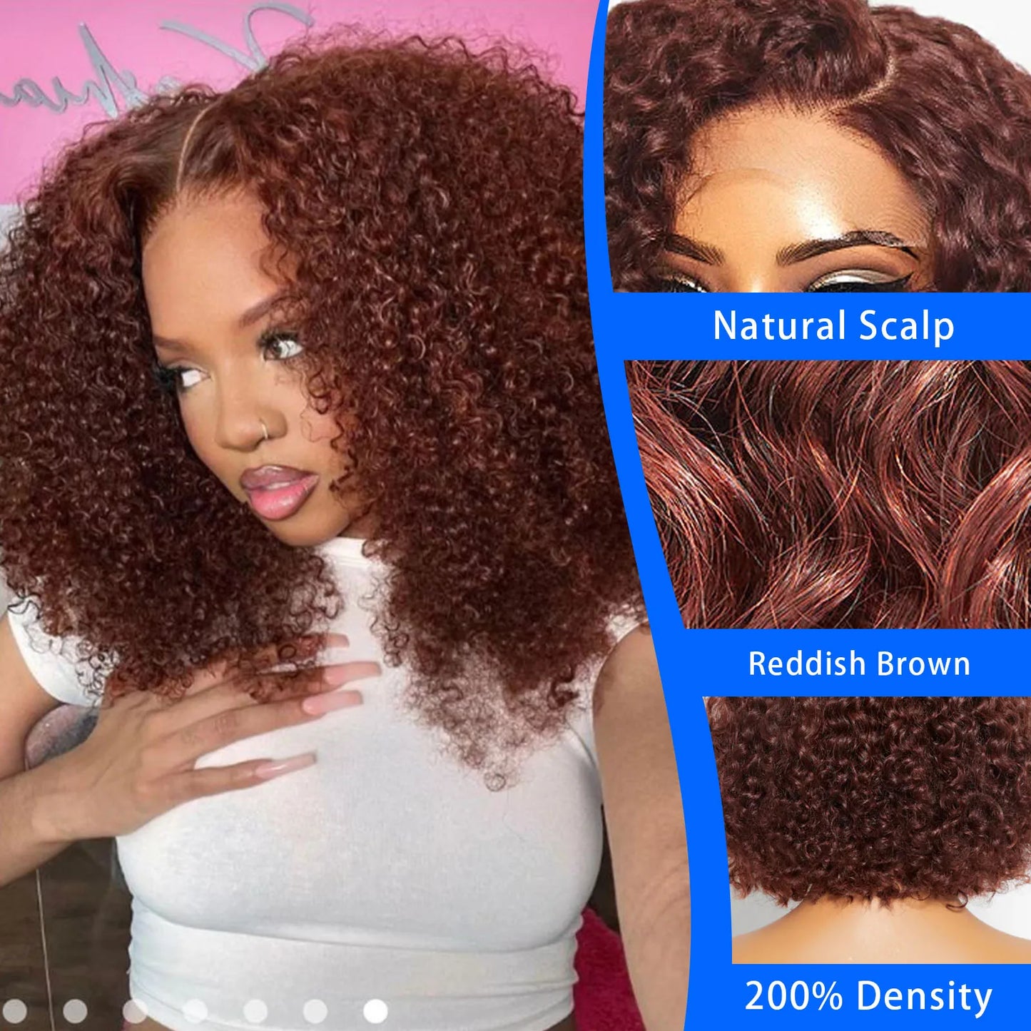 Reddish Brown Curly Bob Human Hair Pre~plucked Remy Wigs