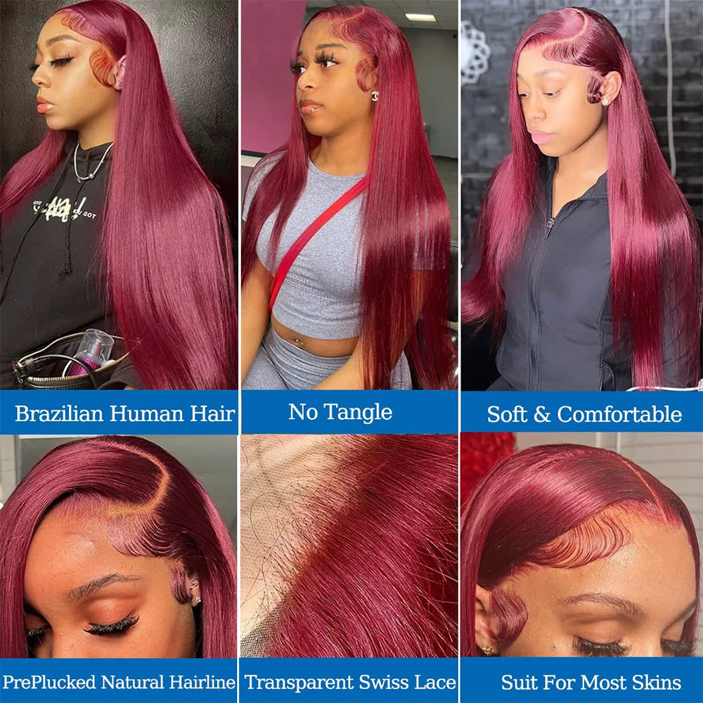 99j Burgundy Straight Lace Front aHuman Hair Wigs