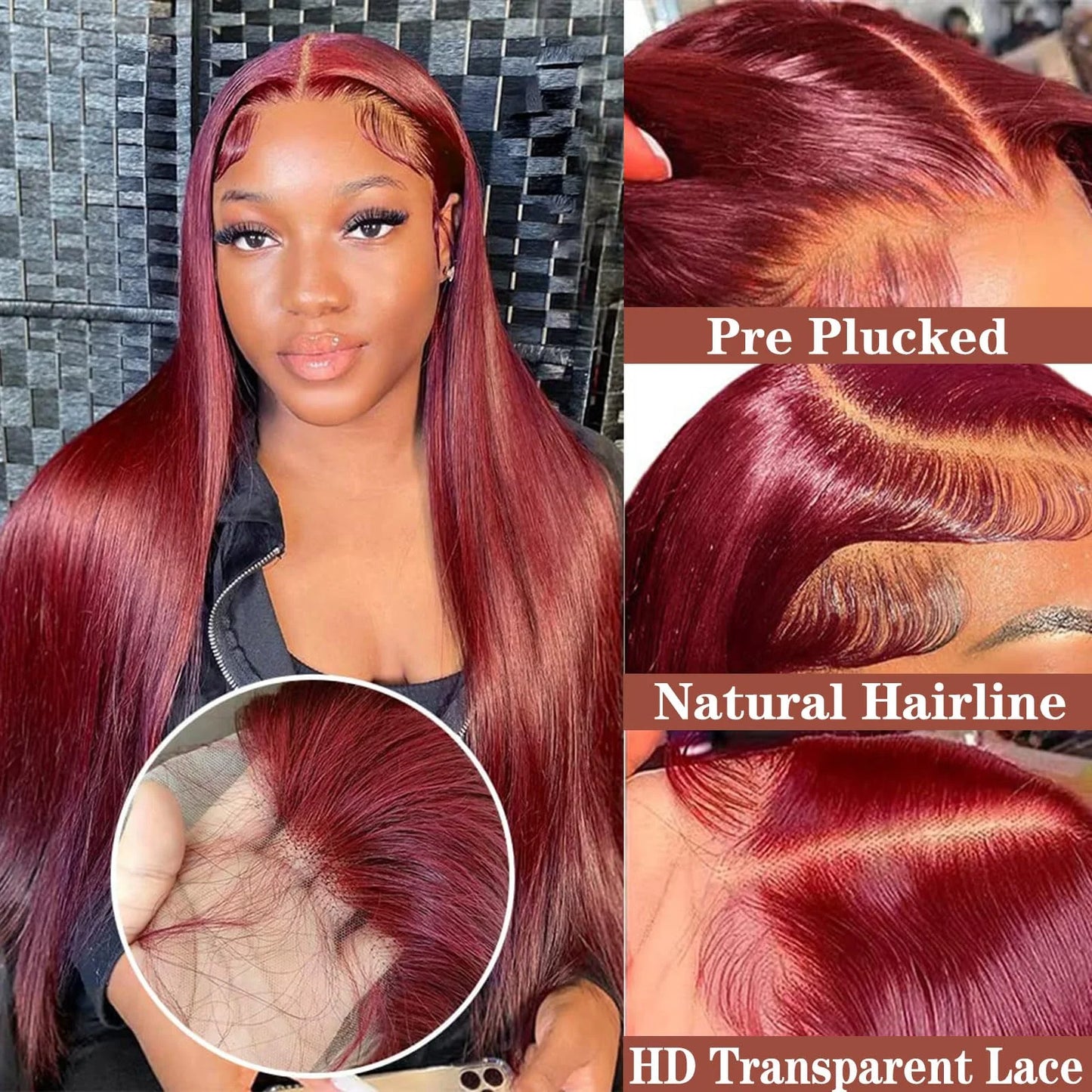 Burgundy Red Human Hair Lace Frontal Glueless Wigs